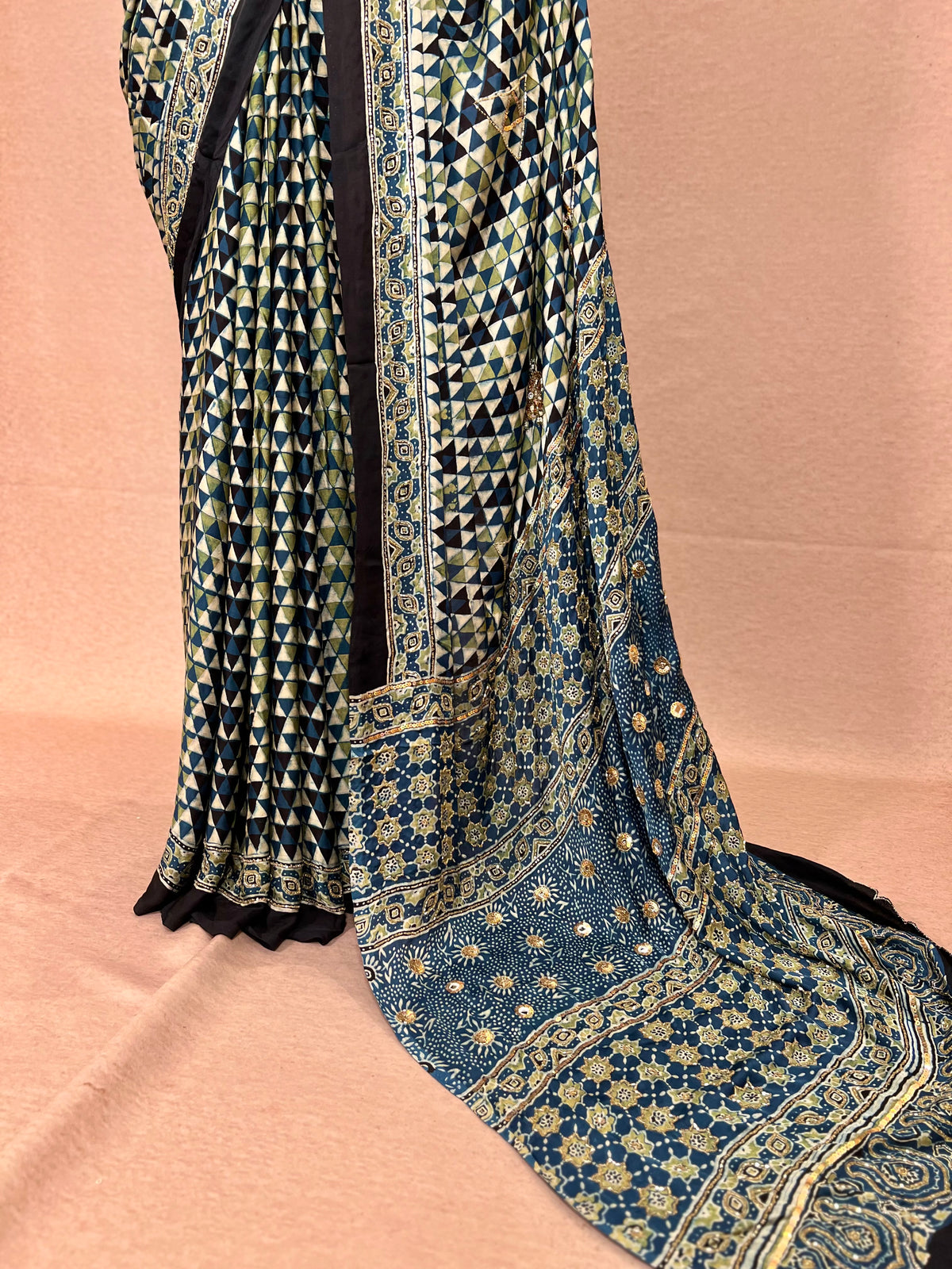 LAGOON DREAM - Pure Modal Ajrakh Hand Embroidered Saree