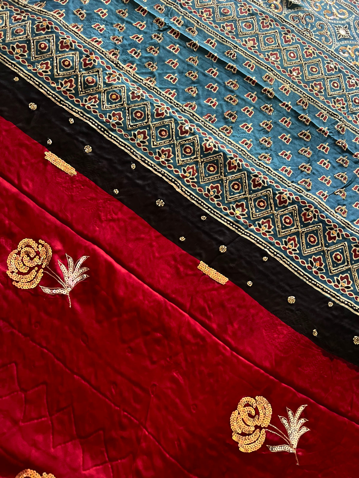 DREAM ROSE - Pure Modal Ajrakh Hand Embroidered Saree