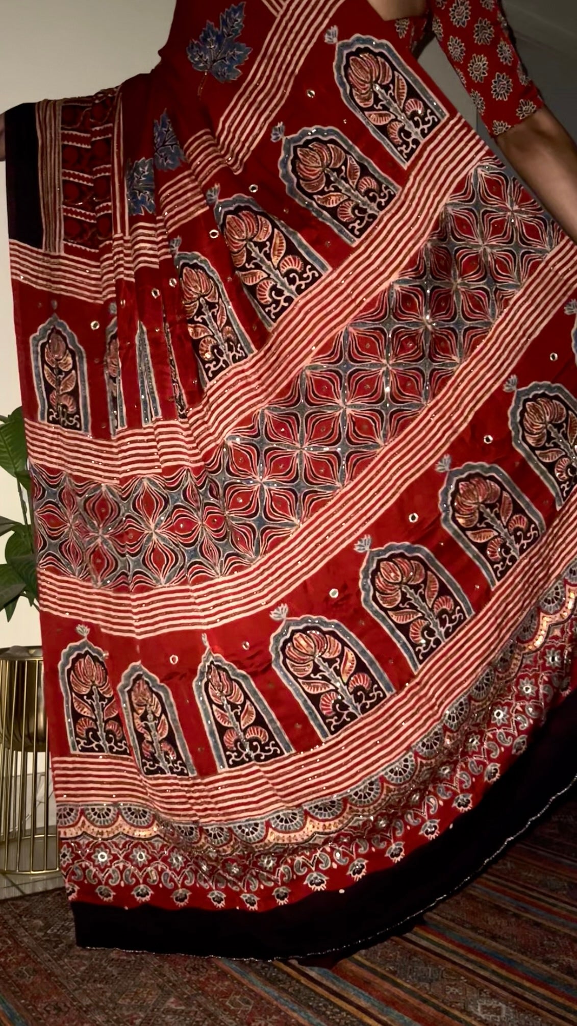 CRIMSON BLOOM - - Pure Modal Ajrakh Hand Embroidered Saree