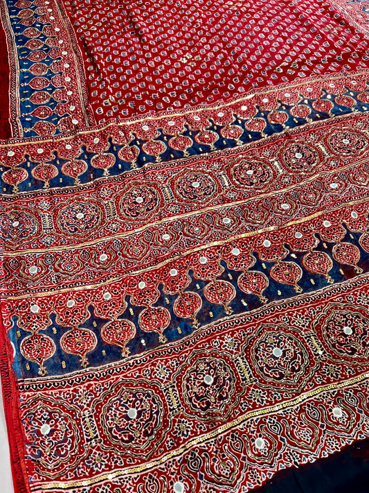 CRIMSON LOTUS - Pure Modal Ajrakh Hand Embroidered Saree