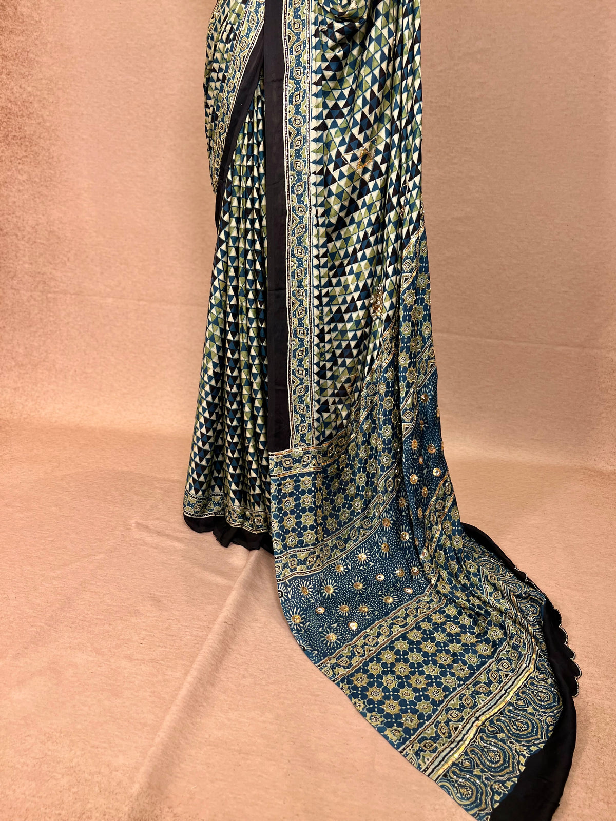 LAGOON DREAM - Pure Modal Ajrakh Hand Embroidered Saree