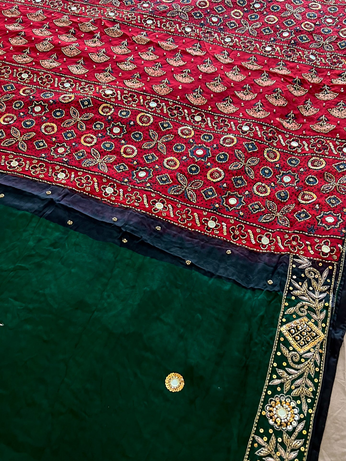GREEN AFFAIR - Pure Modal Ajrakh Hand Embroidered Saree
