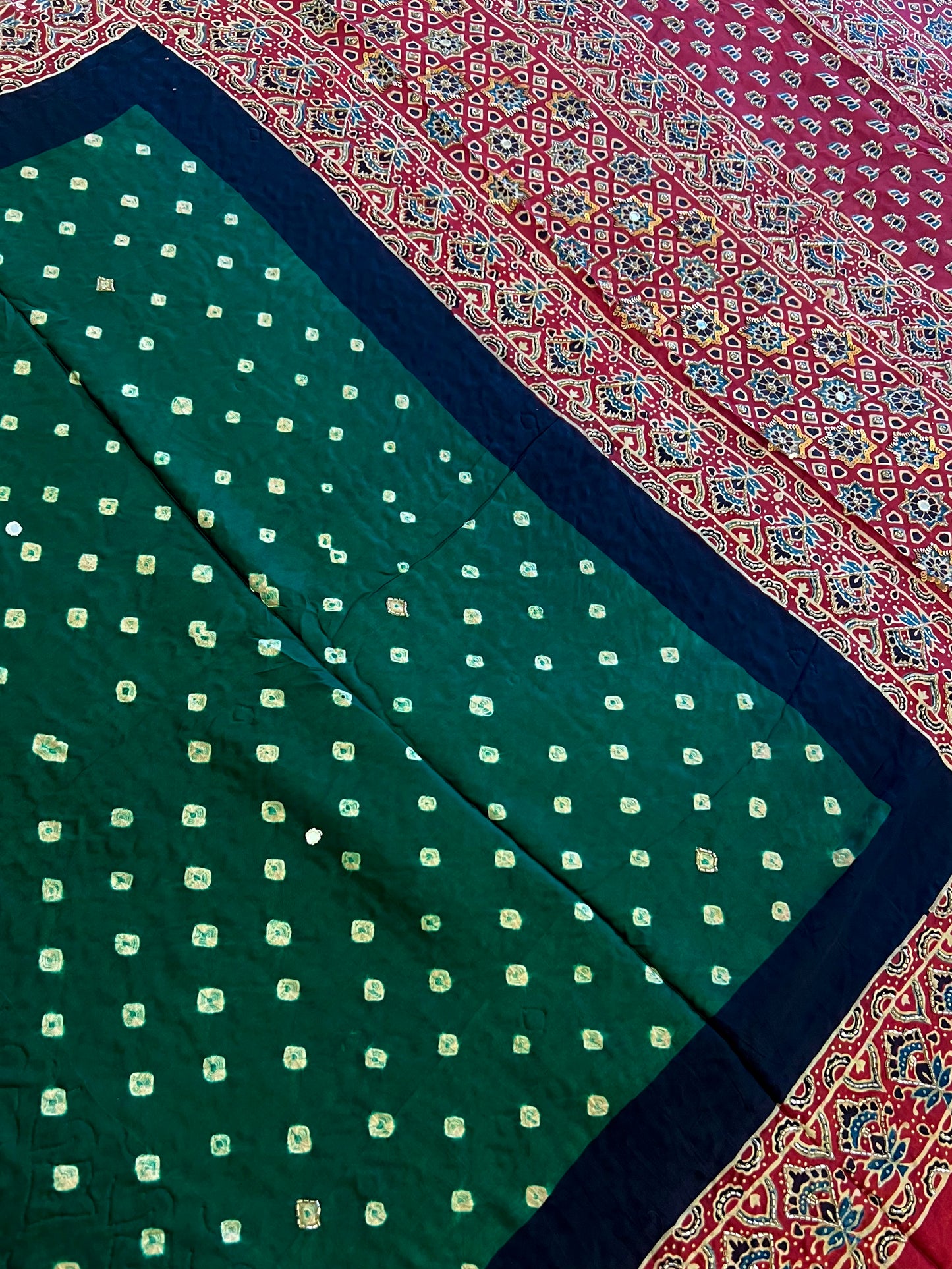 GREEN ROYALTY - Pure Modal Bandhani Ajrakh Hand Embroidered Saree
