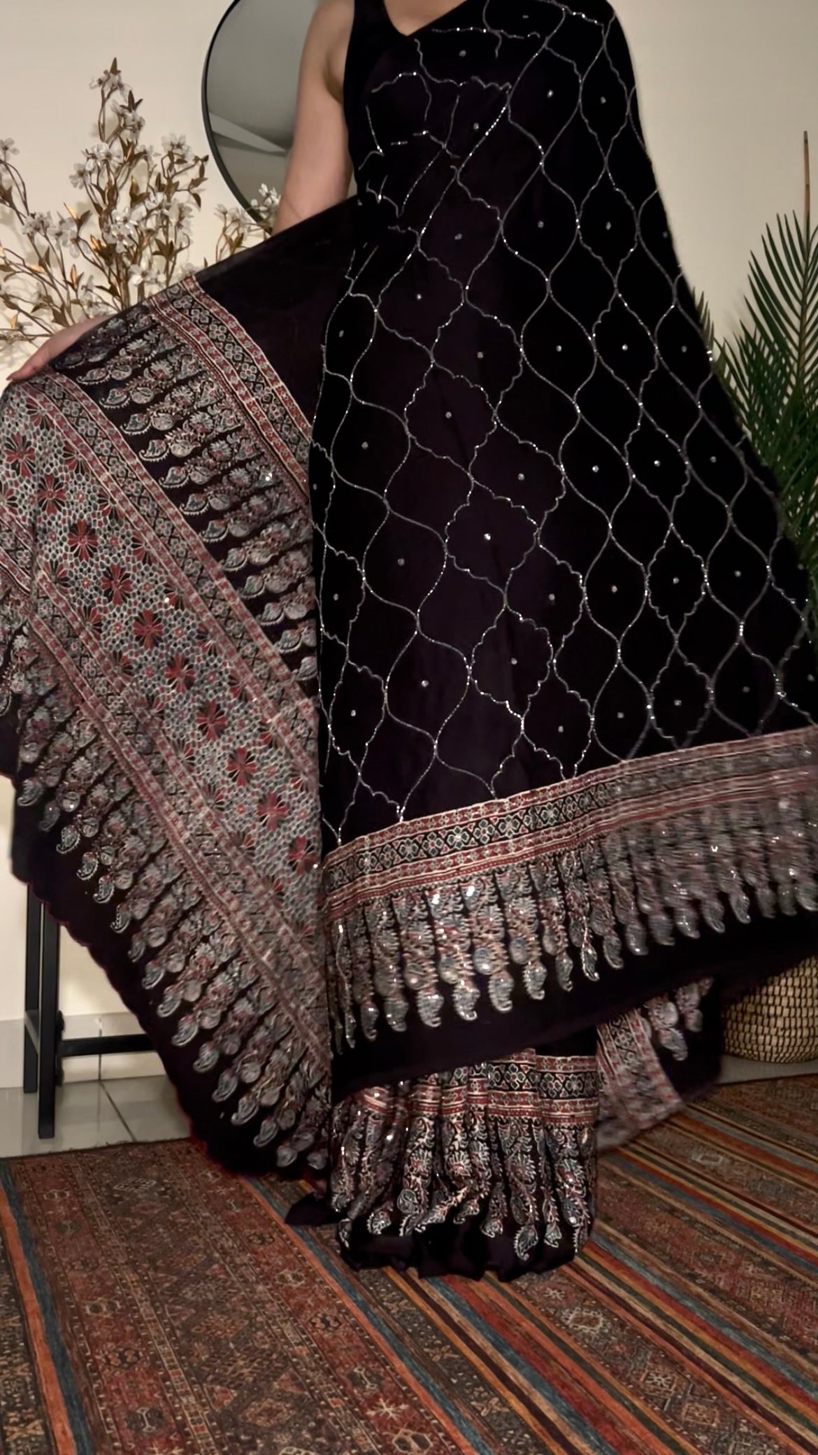 MIDNIGHT IVY - Pure Modal Ajrakh Hand Embroidered Saree