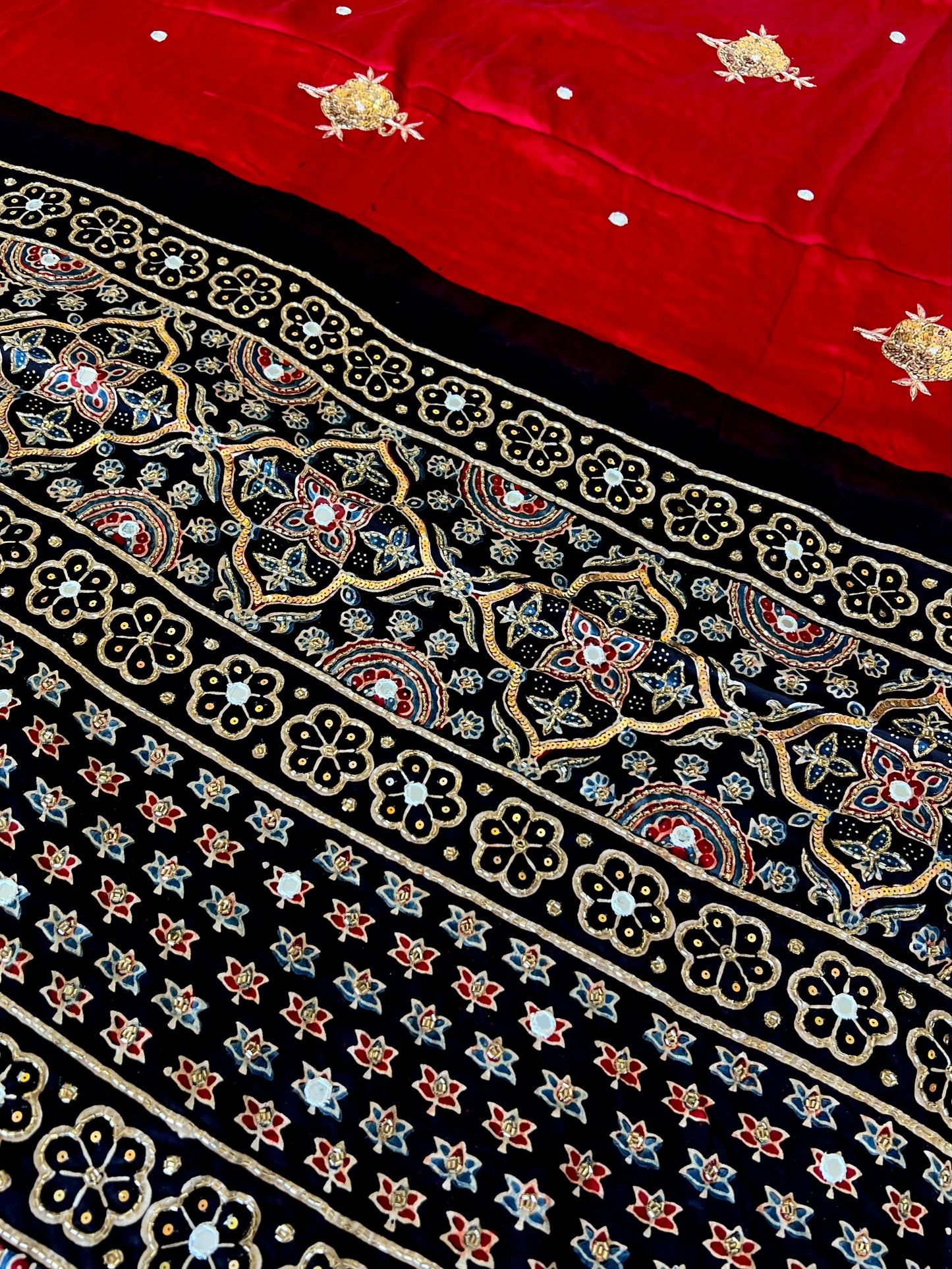 SCARLET ROSE - Pure Modal Ajrakh Hand Embroidered Saree