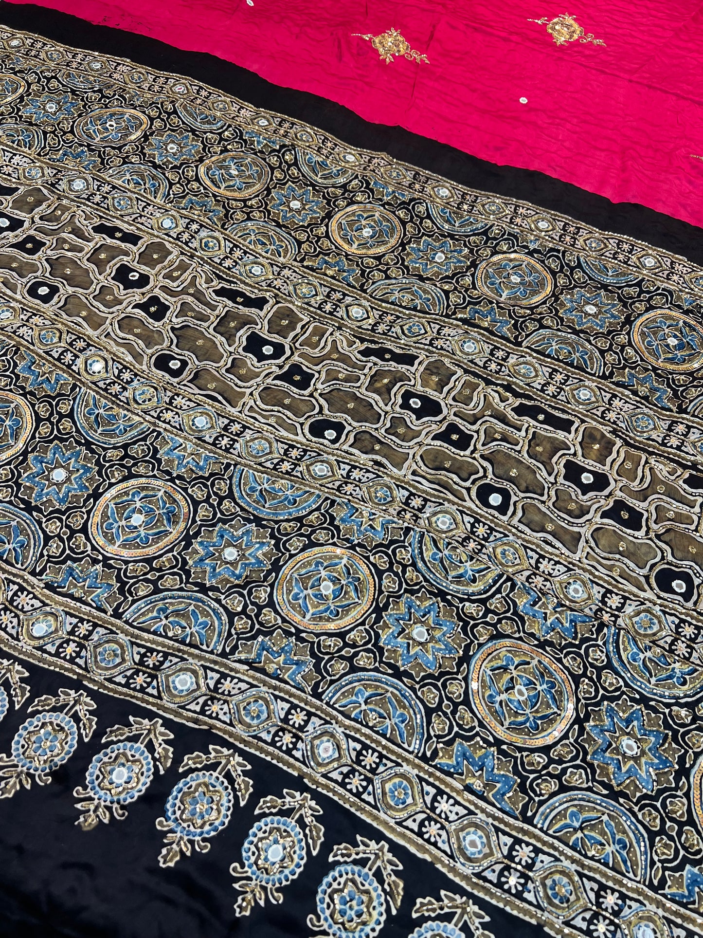 CHERRY ROSE - Pure Modal Ajrakh Hand Embroidered Saree