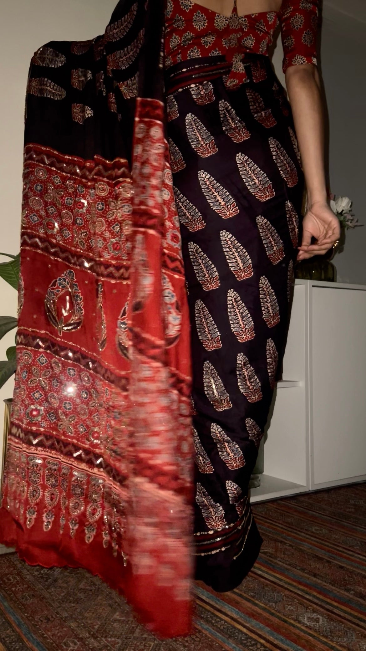 CRIMSON ECLIPSE - Pure Modal Ajrakh Hand Embroidered Saree