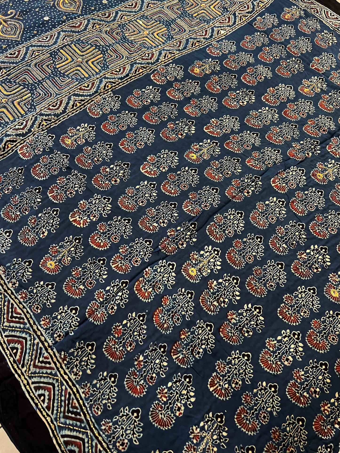 OCEAN BLOOM - Pure Modal Ajrakh Hand Embroidered Saree