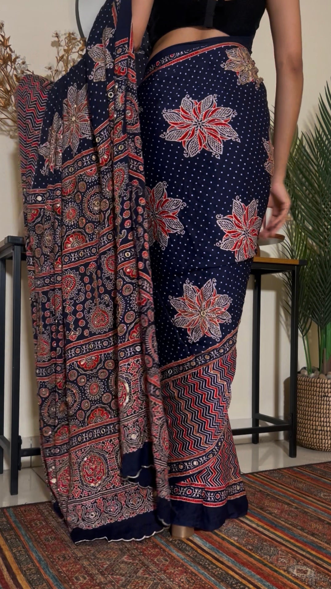 MIDNIGHT BLOSSOM - Pure Modal Ajrakh Hand Embroidered Saree