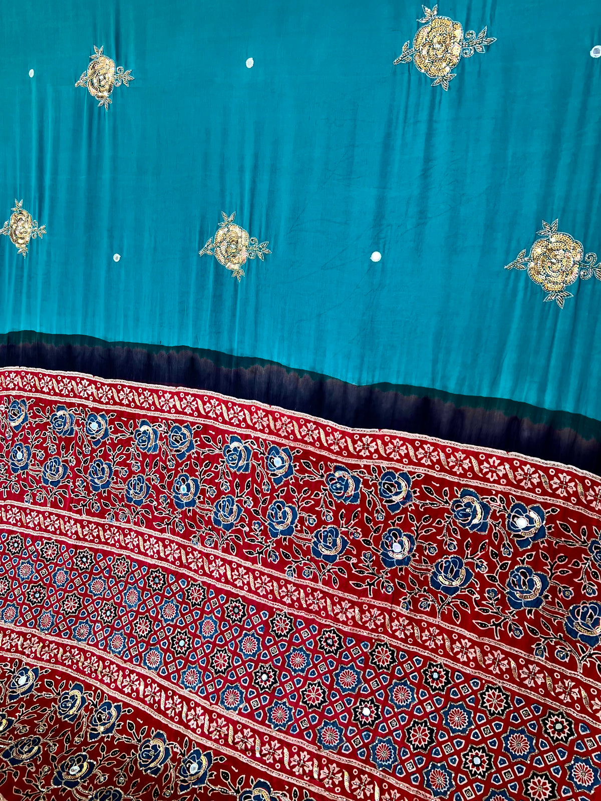 FANTASY ROSE - Pure Modal Ajrakh Hand Embroidered Saree