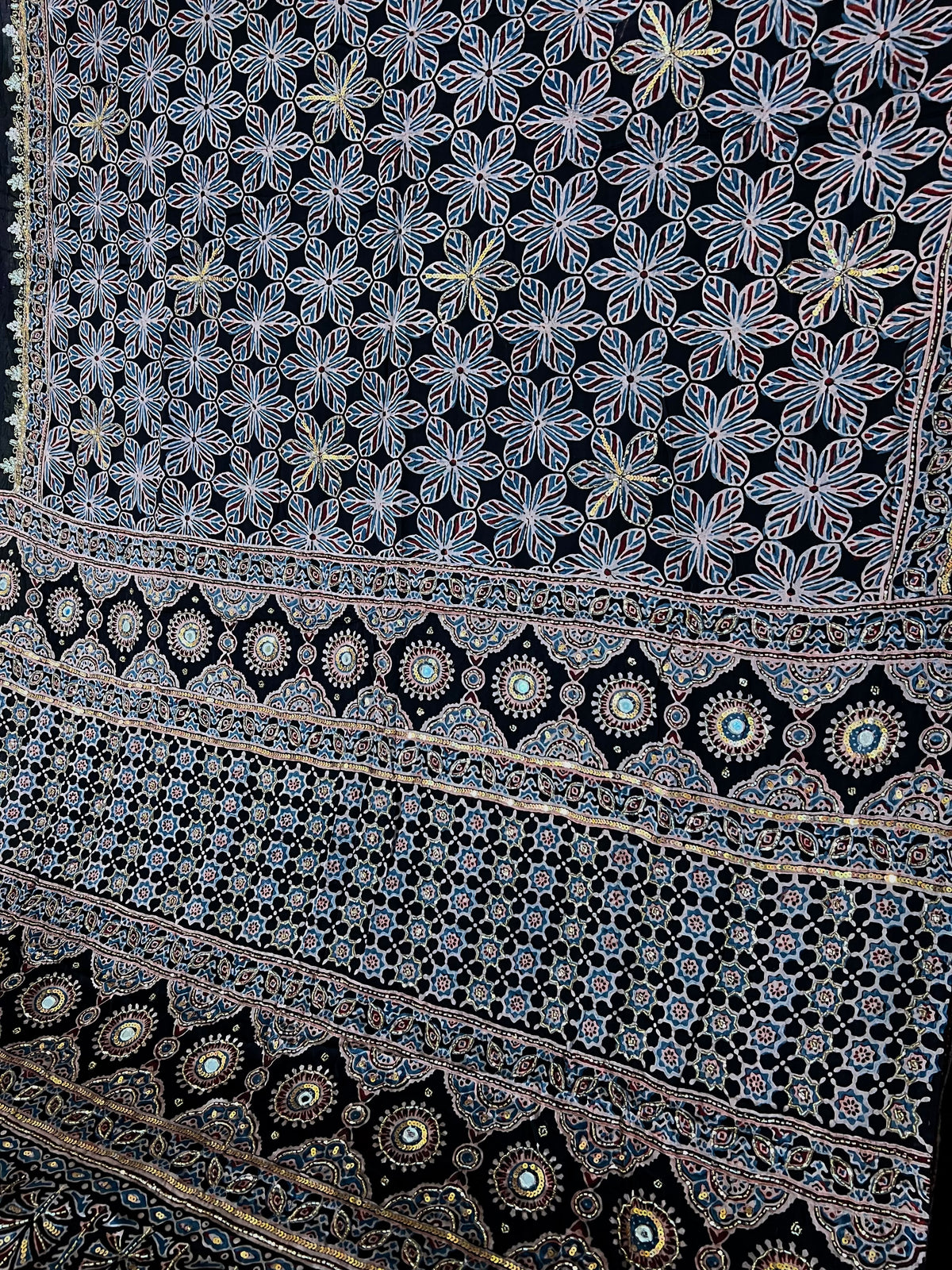 LUNAR BLOOM - Pure Modal Ajrakh Hand Embroidered Saree