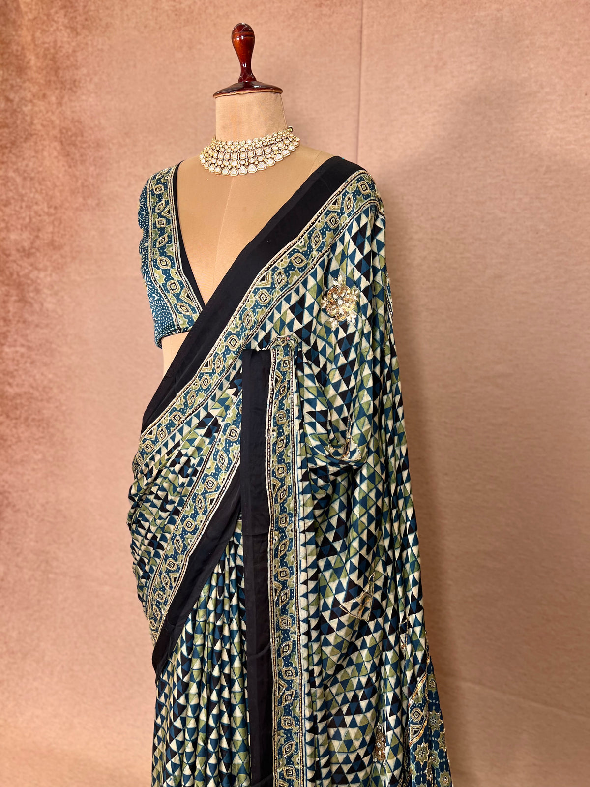 LAGOON DREAM - Pure Modal Ajrakh Hand Embroidered Saree