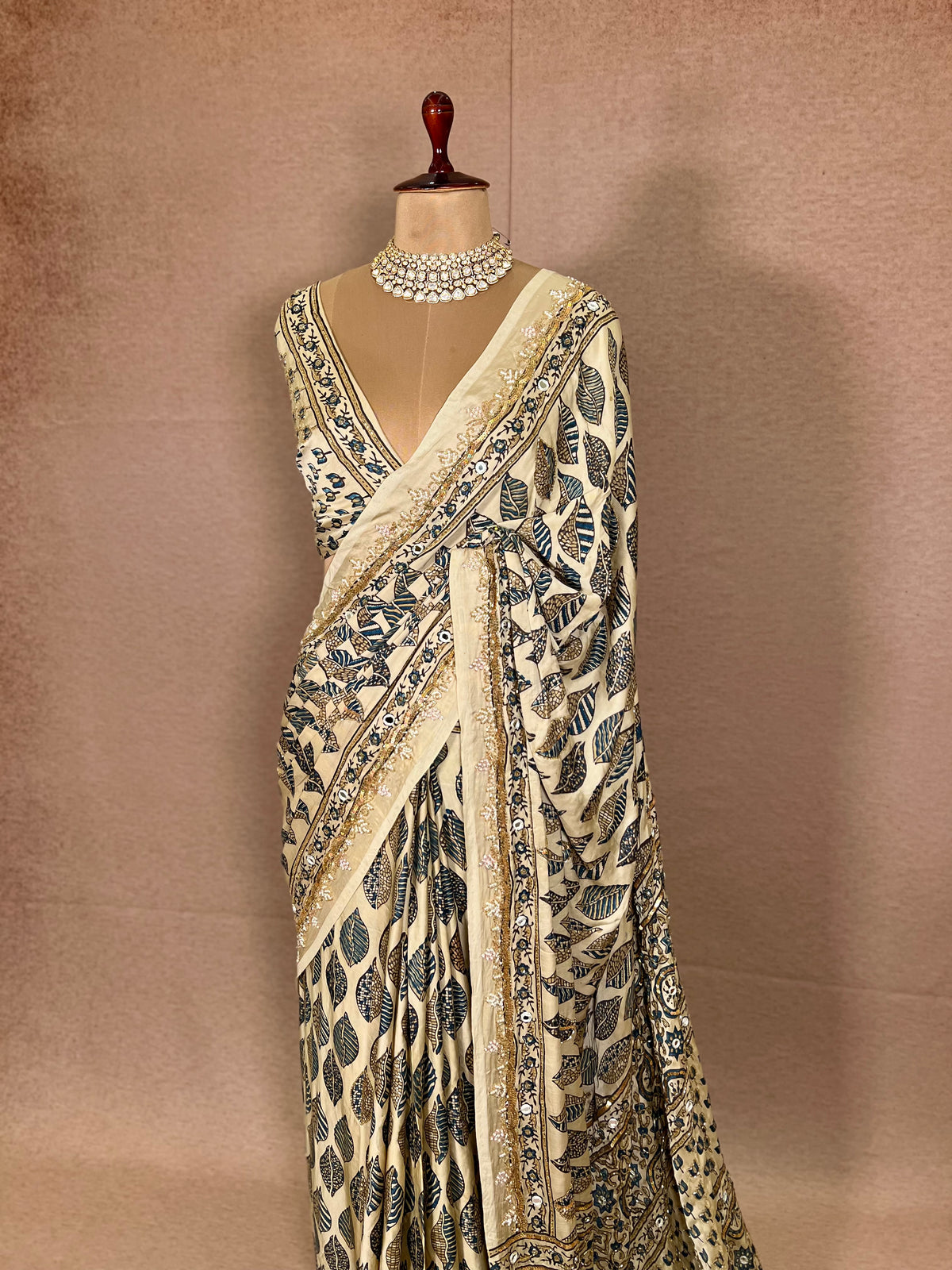 IVORY DREAMSCAPE - Pure Modal Ajrakh Hand Embroidered Saree