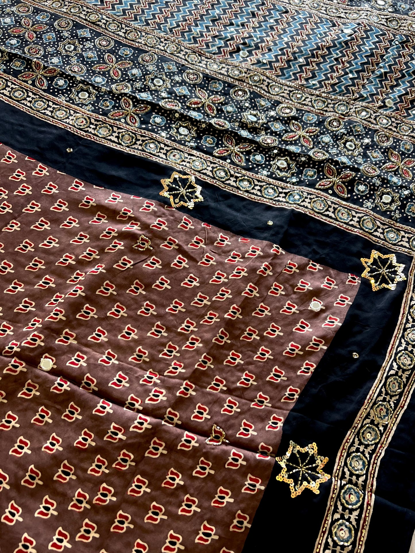 COCOA BLOOM - Pure Modal Ajrakh Hand Embroidered Saree