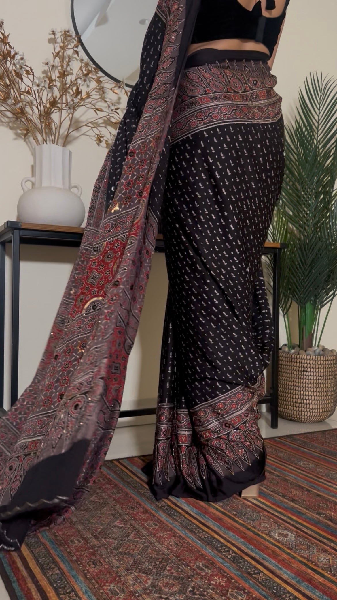 VELVET TRUFFLE - Pure Modal Ajrakh Hand Embroidered Saree