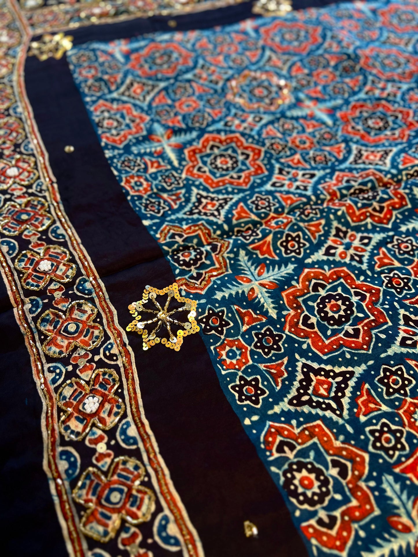 SAPPHIRE MIST - Pure Modal Ajrakh Hand Embroidered Saree