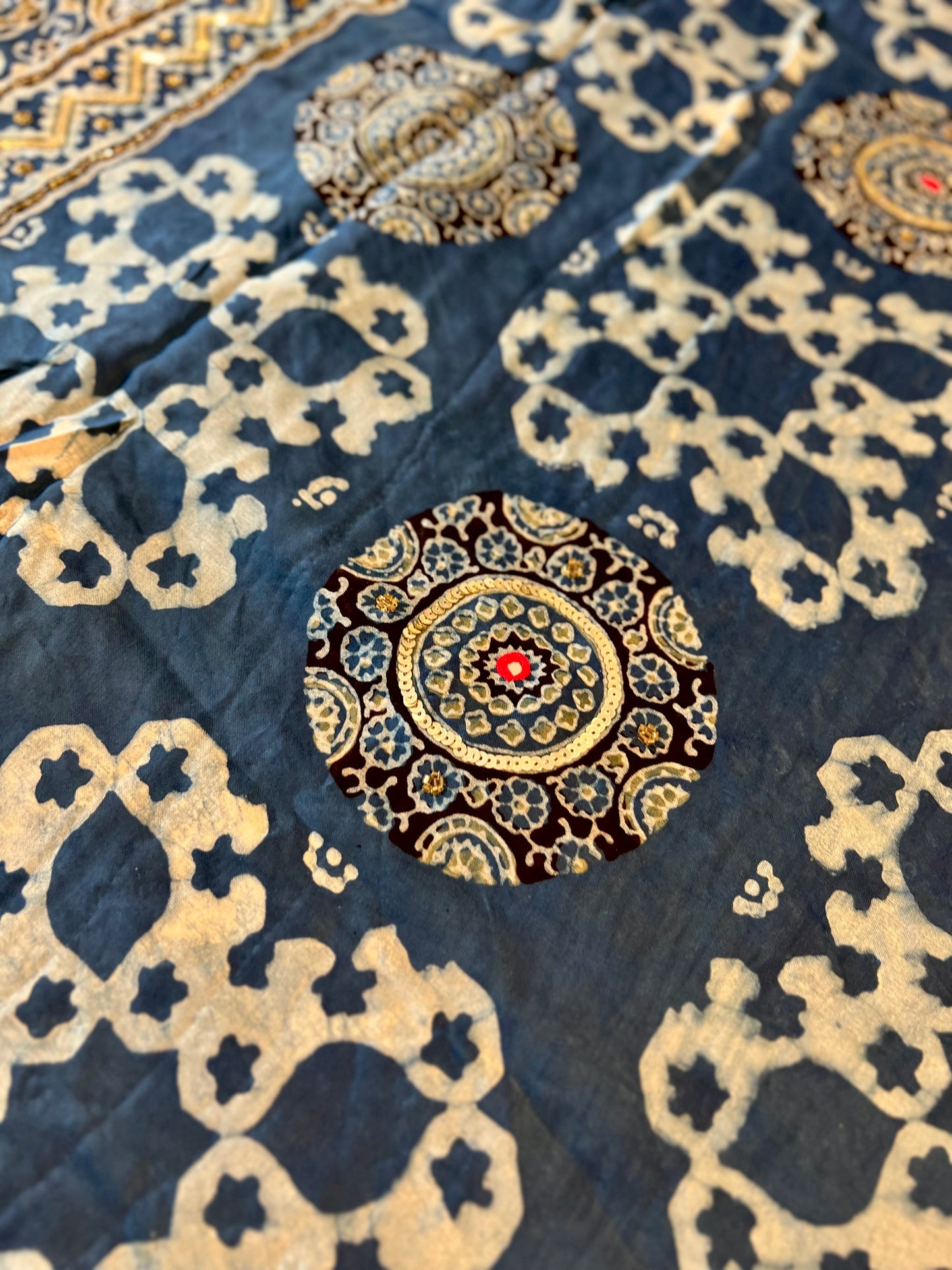 INDIGO LUMIÈRE - Pure Modal Ajrakh Hand Embroidered Saree