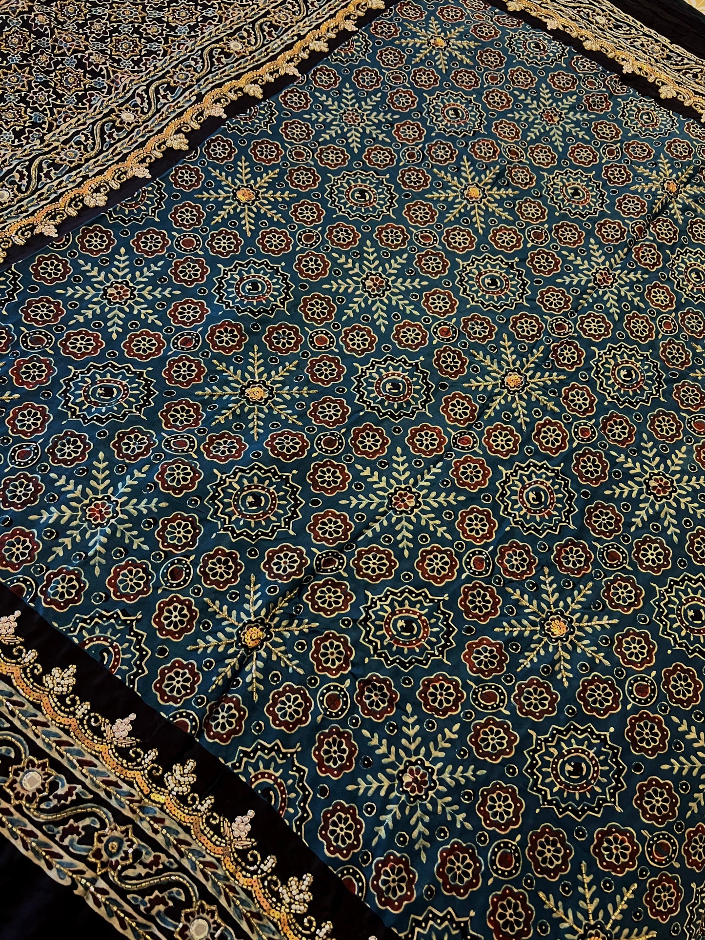 OCEAN MIST - Pure Modal Ajrakh Hand Embroidered Saree