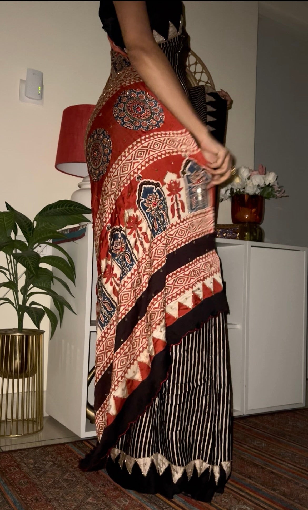 Heritage Stripes - Pure Modal Ajrakh Hand Embroidered Saree