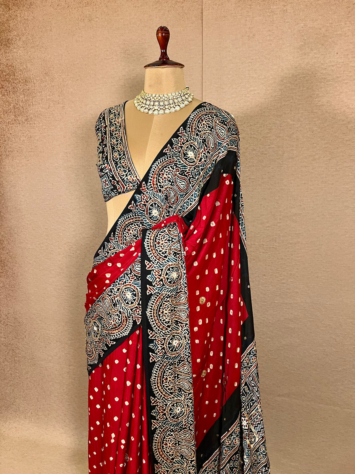 RED SPLENDOUR - Pure Modal Bandhani Ajrakh Hand Embroidered Saree