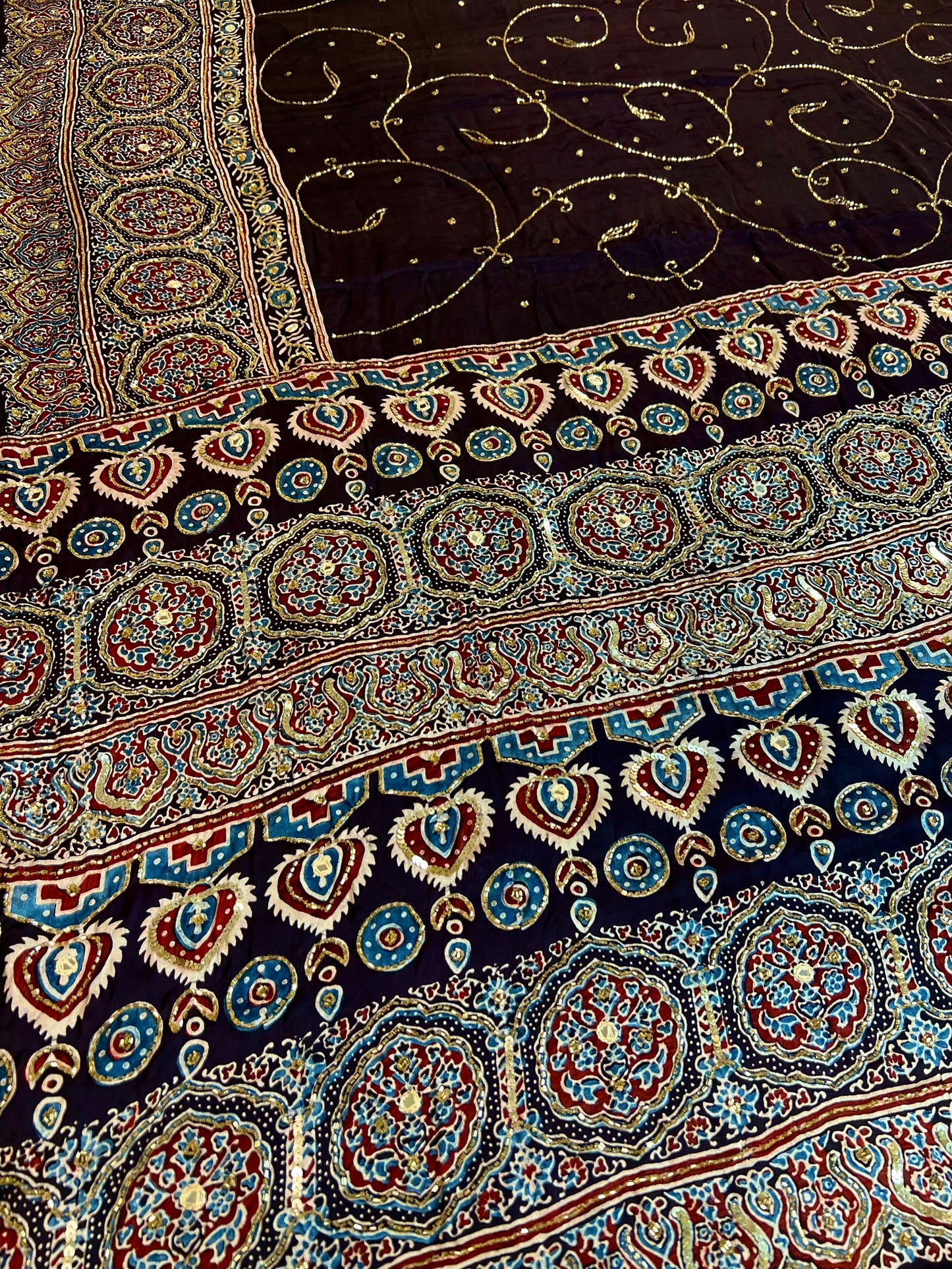 MIDNIGHT SHIMMER - Pure Modal Ajrakh Hand Embroidered Saree