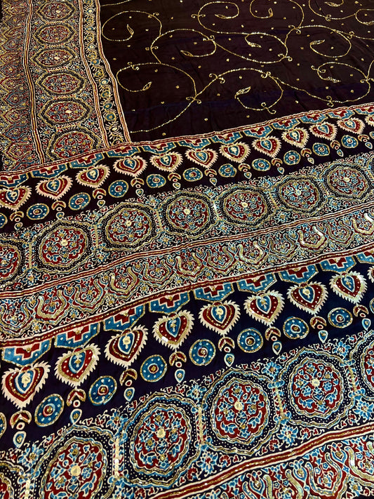 MIDNIGHT SHIMMER - Pure Modal Ajrakh Hand Embroidered Saree
