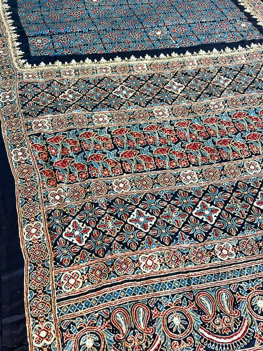 Regal Petals - Pure Modal Ajrakh Hand Embroidered Saree