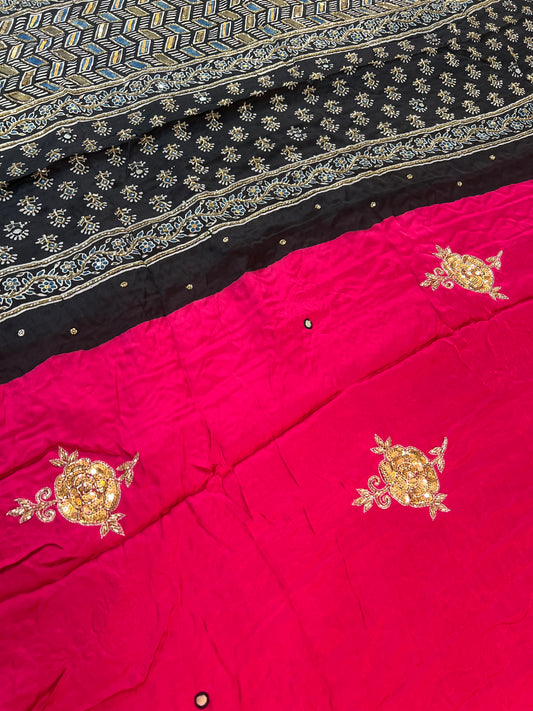 CANDY ROSE - Pure Modal Ajrakh Hand Embroidered Saree