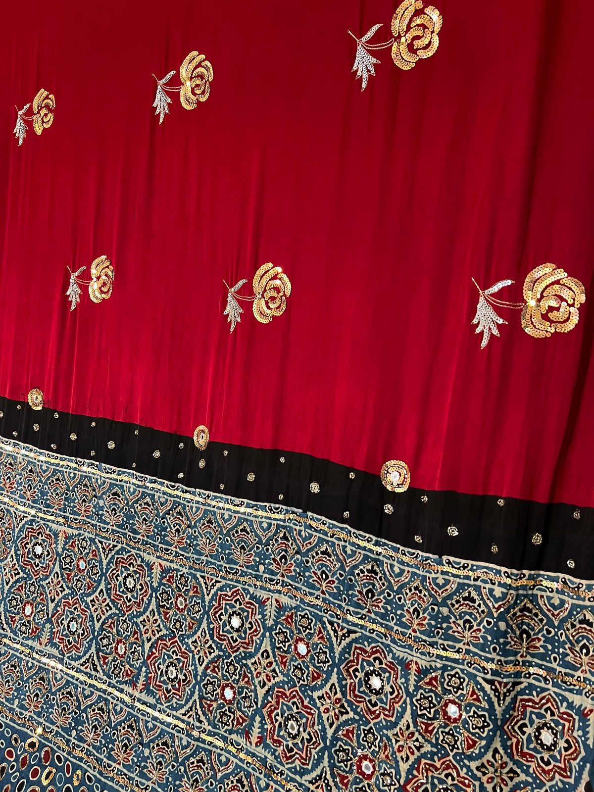 INDIGO ROSE - Pure Modal Ajrakh Hand Embroidered Saree