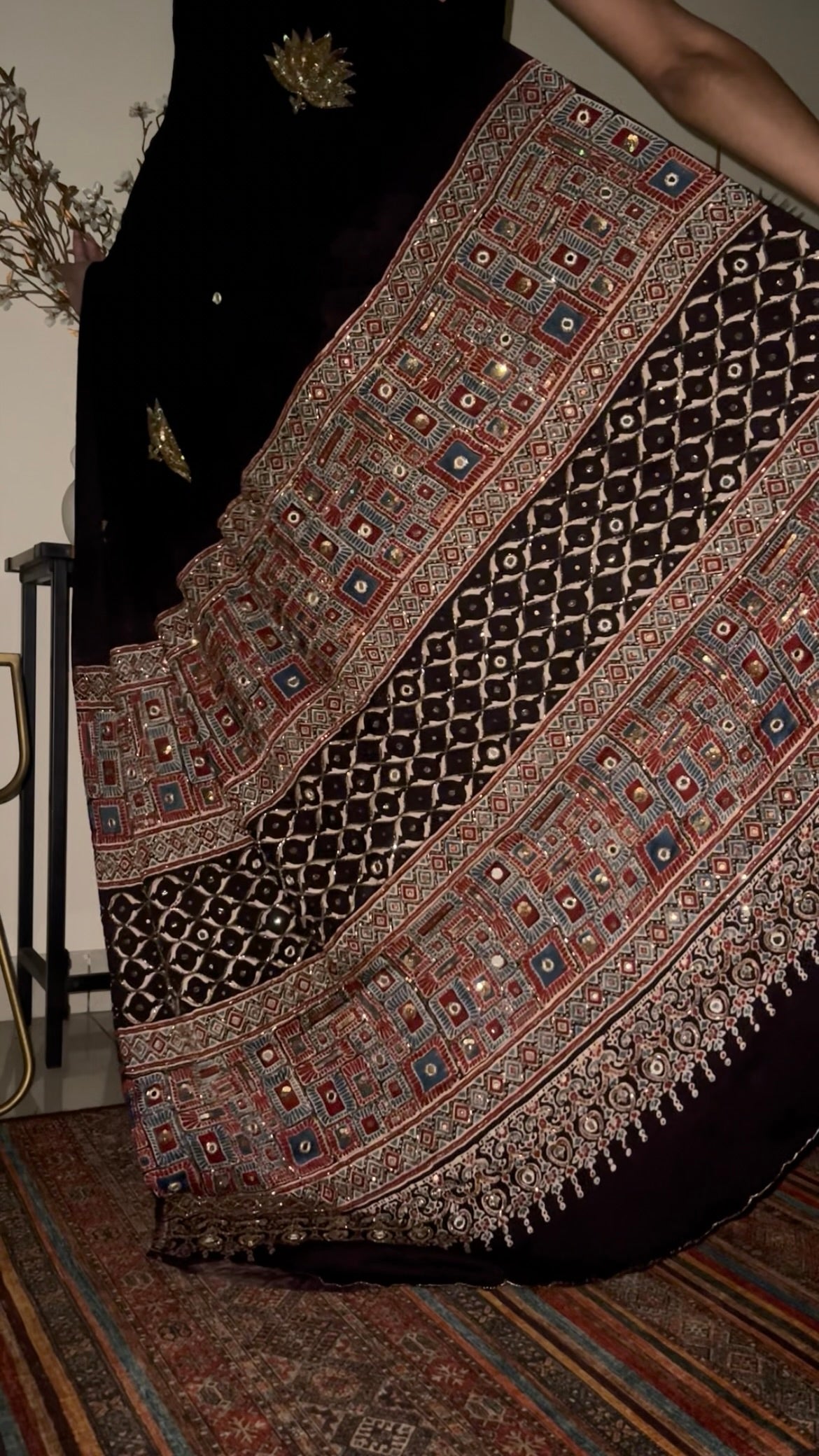 COSMIC LOTUS - Pure Modal Ajrakh Hand Embroidered Saree