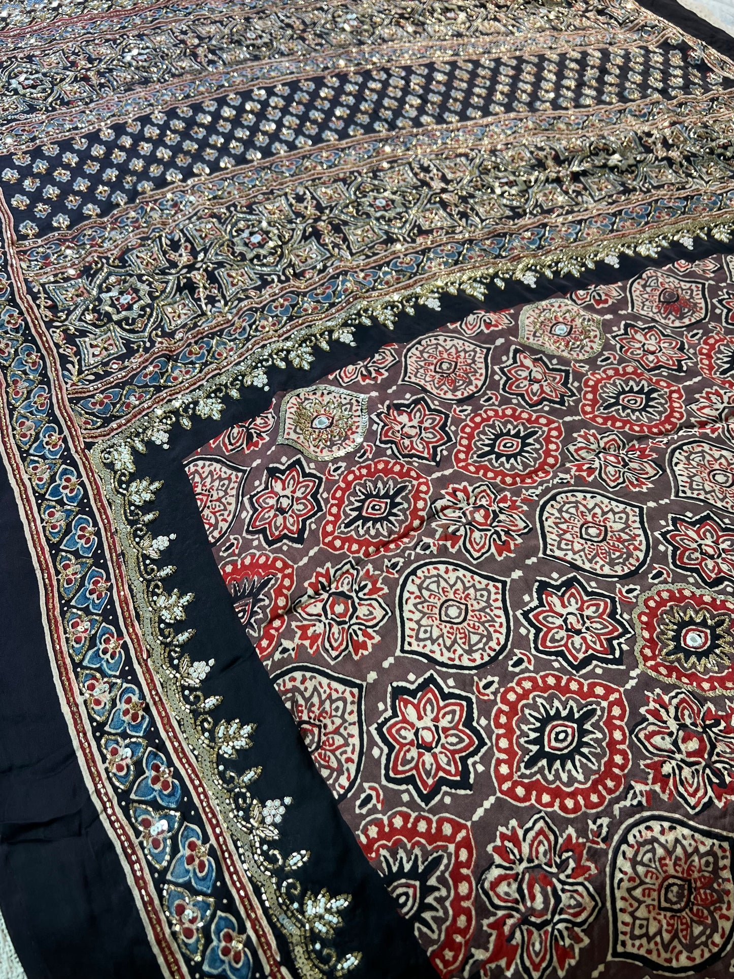Rustic Hues - Pure Modal Ajrakh Hand Embroidered Saree
