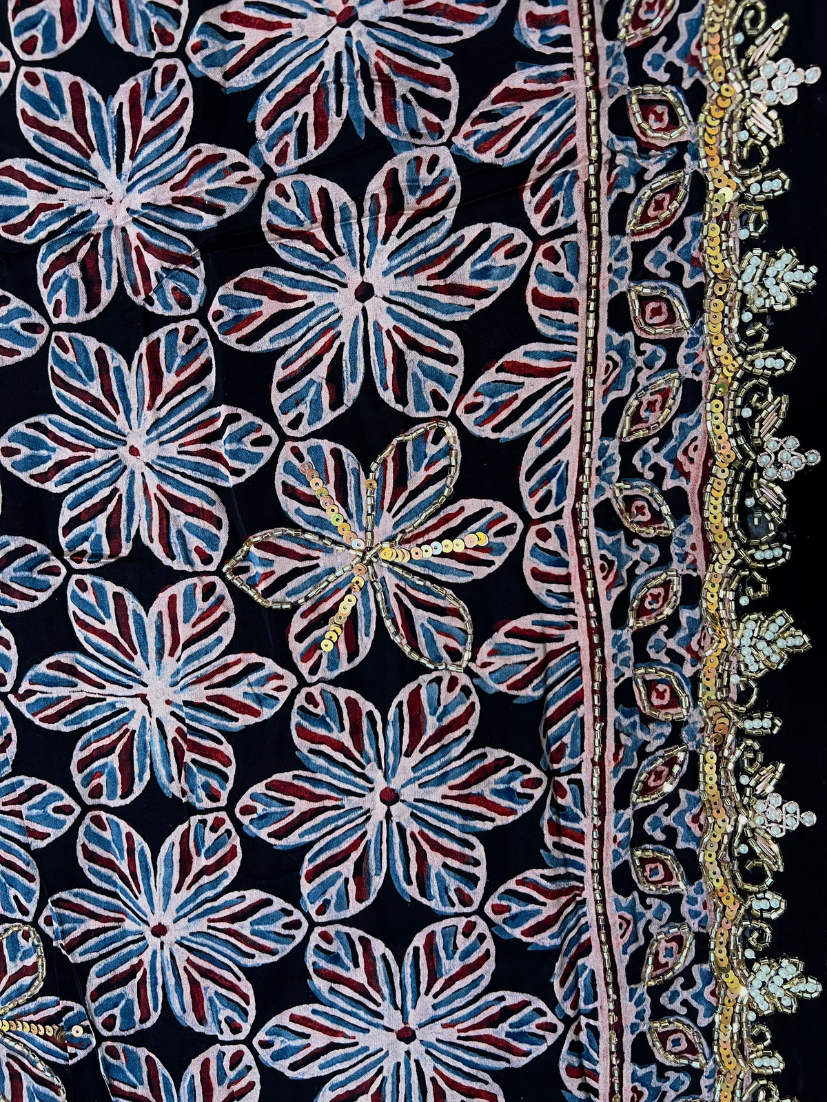LUNAR BLOOM - Pure Modal Ajrakh Hand Embroidered Saree