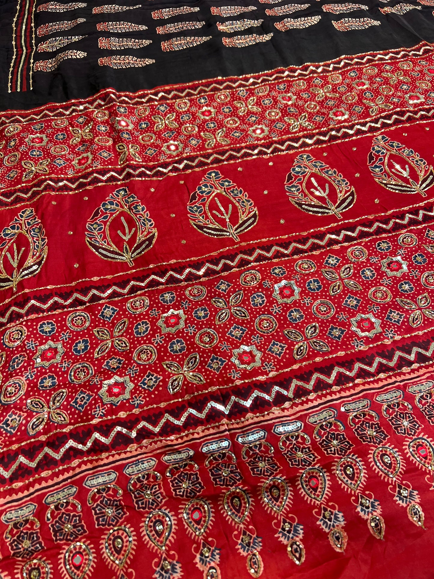 CRIMSON ECLIPSE - Pure Modal Ajrakh Hand Embroidered Saree