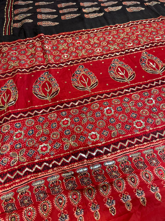 CRIMSON ECLIPSE - Pure Modal Ajrakh Hand Embroidered Saree