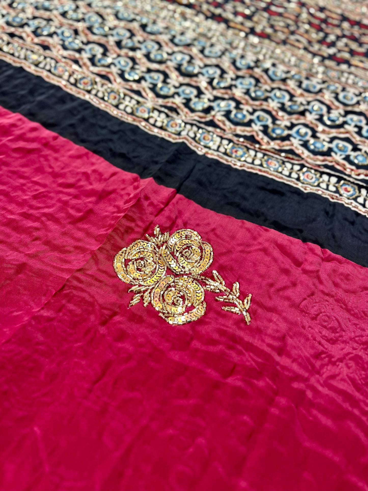 WINE ROSE - Pure Modal Ajrakh Hand Embroidered Saree