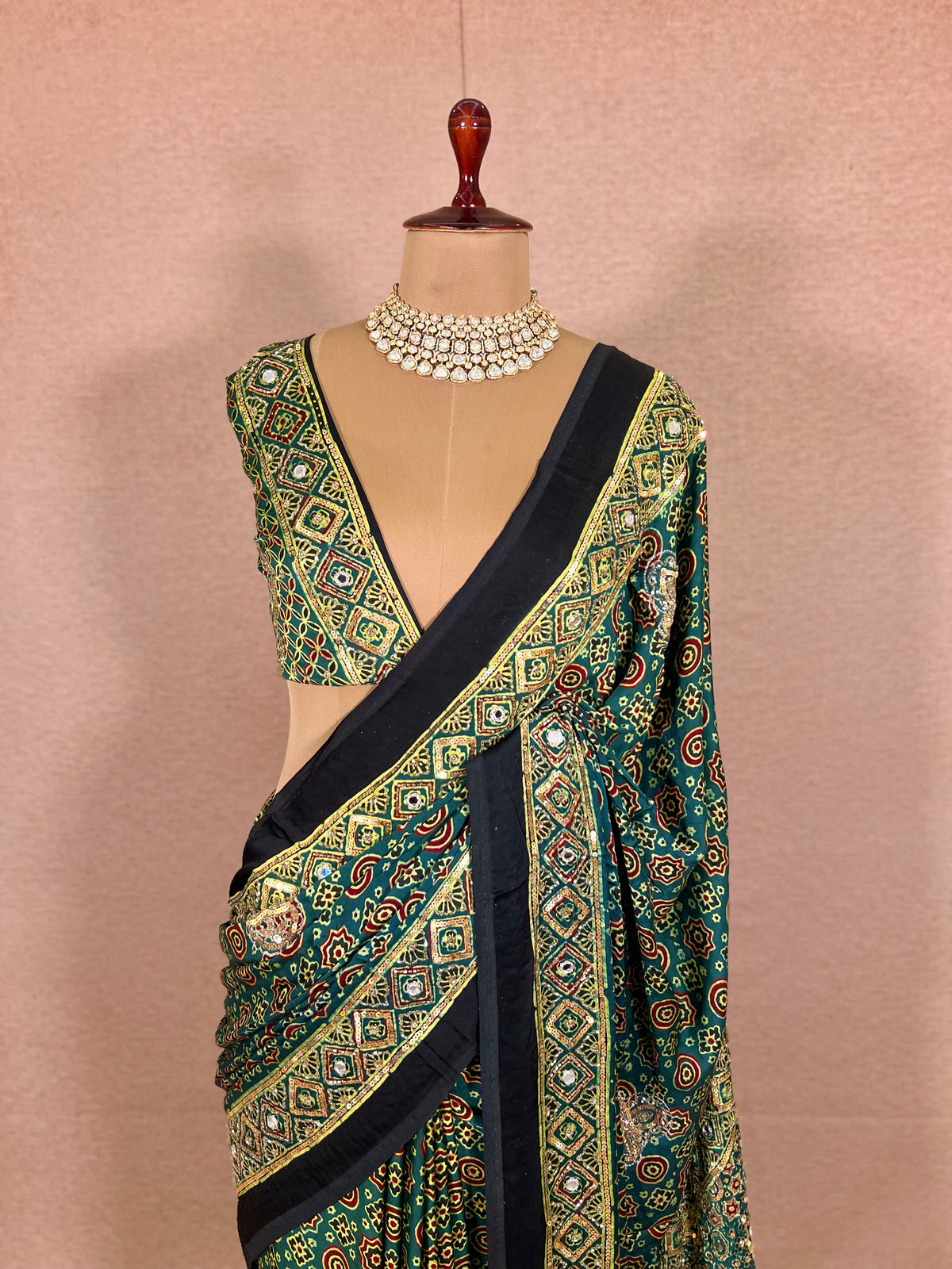GLITTER ALLURE - Pure Modal Ajrakh Hand Embroidered Saree