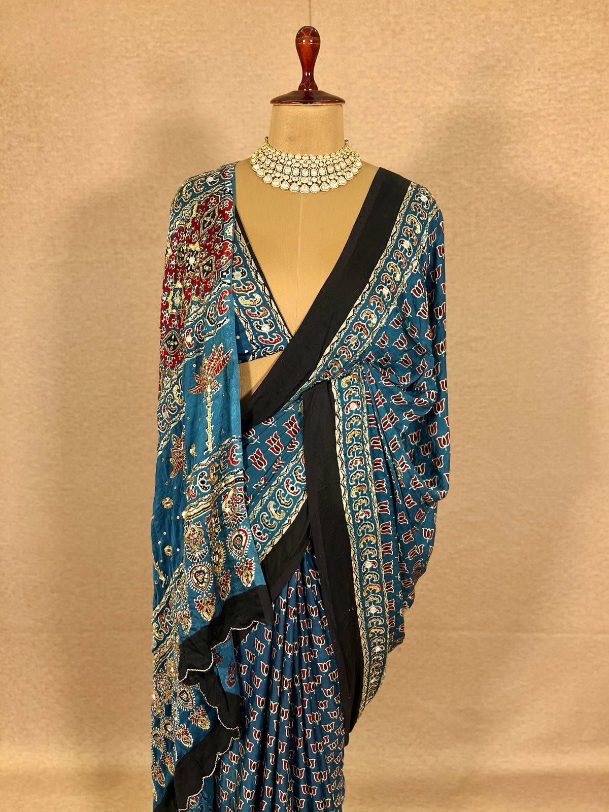 DIVINE SPARKLE - Pure Modal Ajrakh Hand Embroidered Saree
