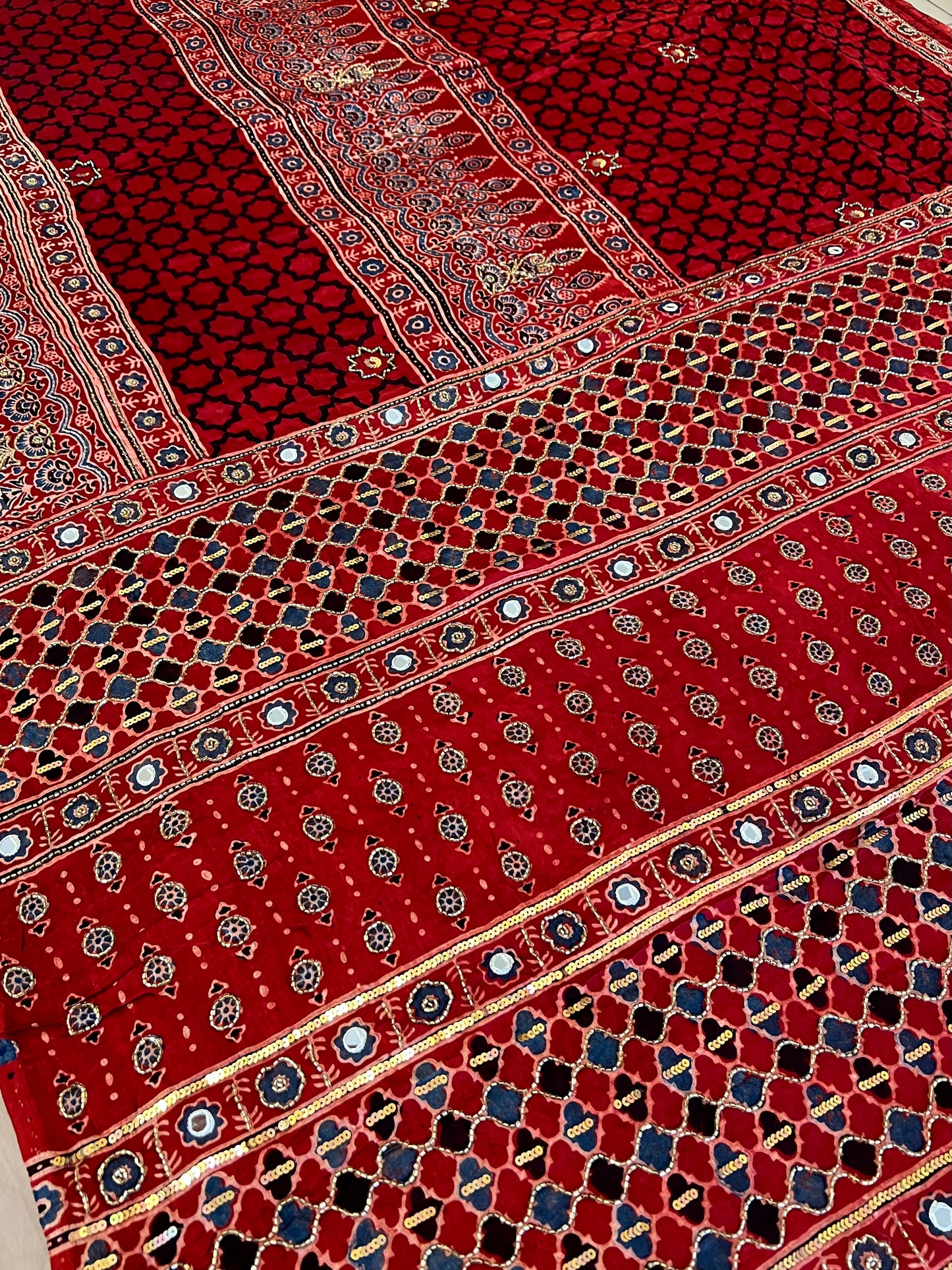 CHERRY BLOOM - Pure Modal Ajrakh Hand Embroidered Saree