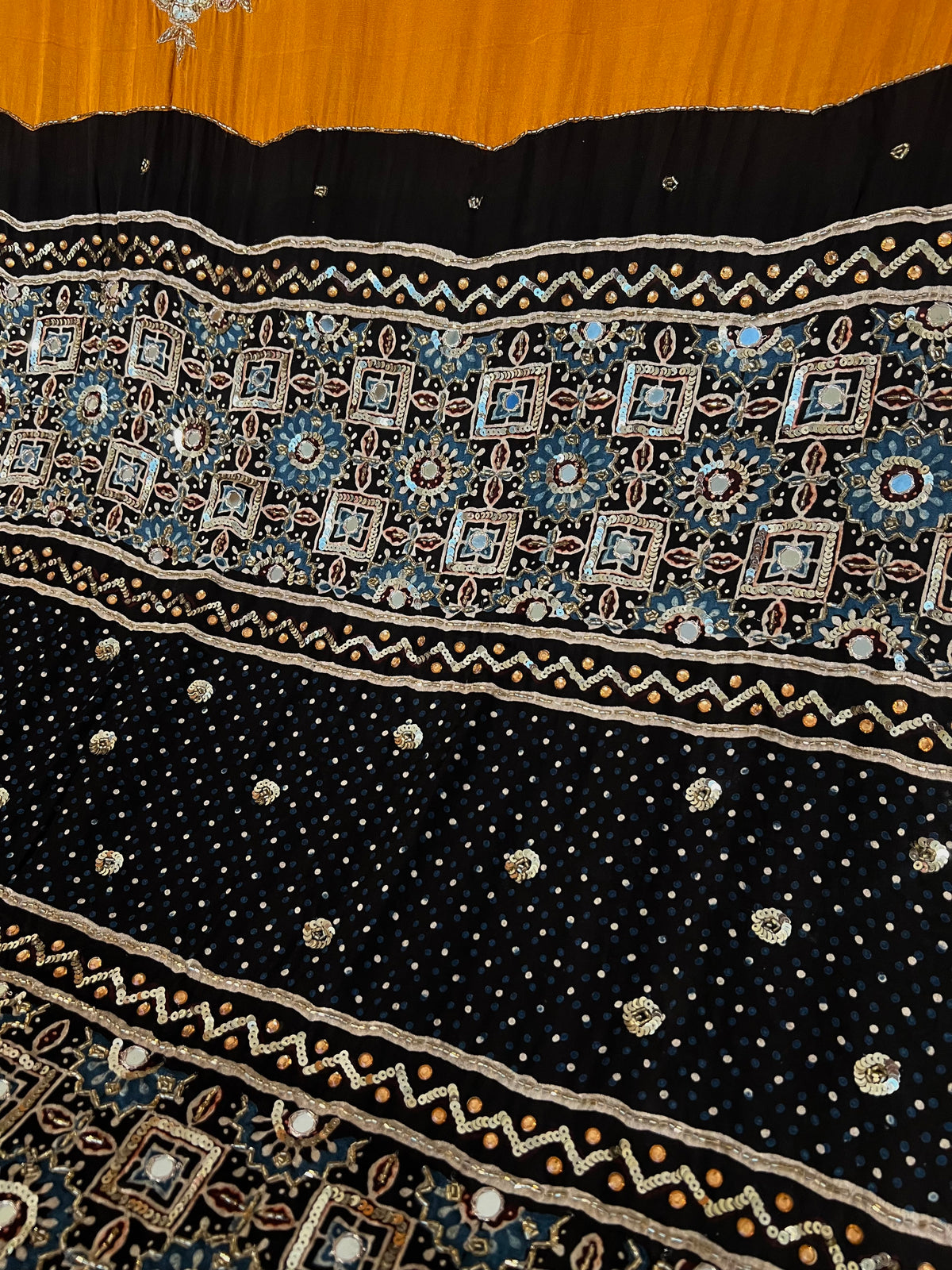 GOLDEN ROSE - Pure Modal Ajrakh Hand Embroidered Saree