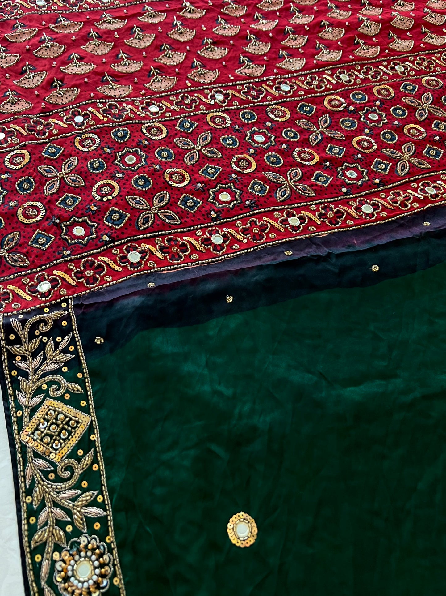 GREEN AFFAIR - Pure Modal Ajrakh Hand Embroidered Saree
