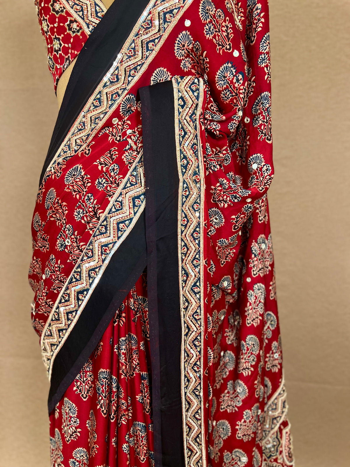 PASSION BLOOM - Pure Modal Ajrakh Hand Embroidered Saree