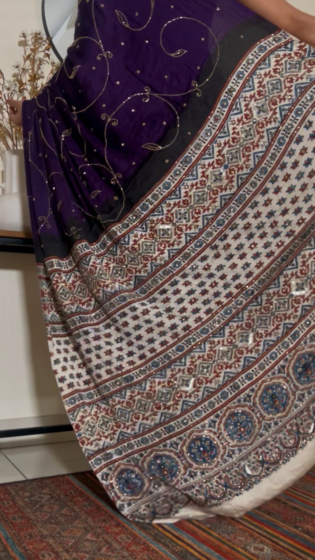 MOONLIT AMETHYST - Pure Modal Ajrakh Hand Embroidered Saree