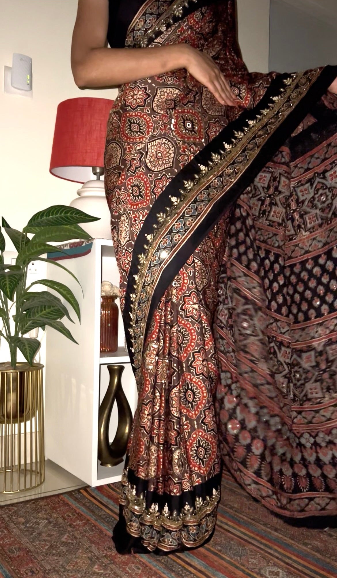 Rustic Hues - Pure Modal Ajrakh Hand Embroidered Saree