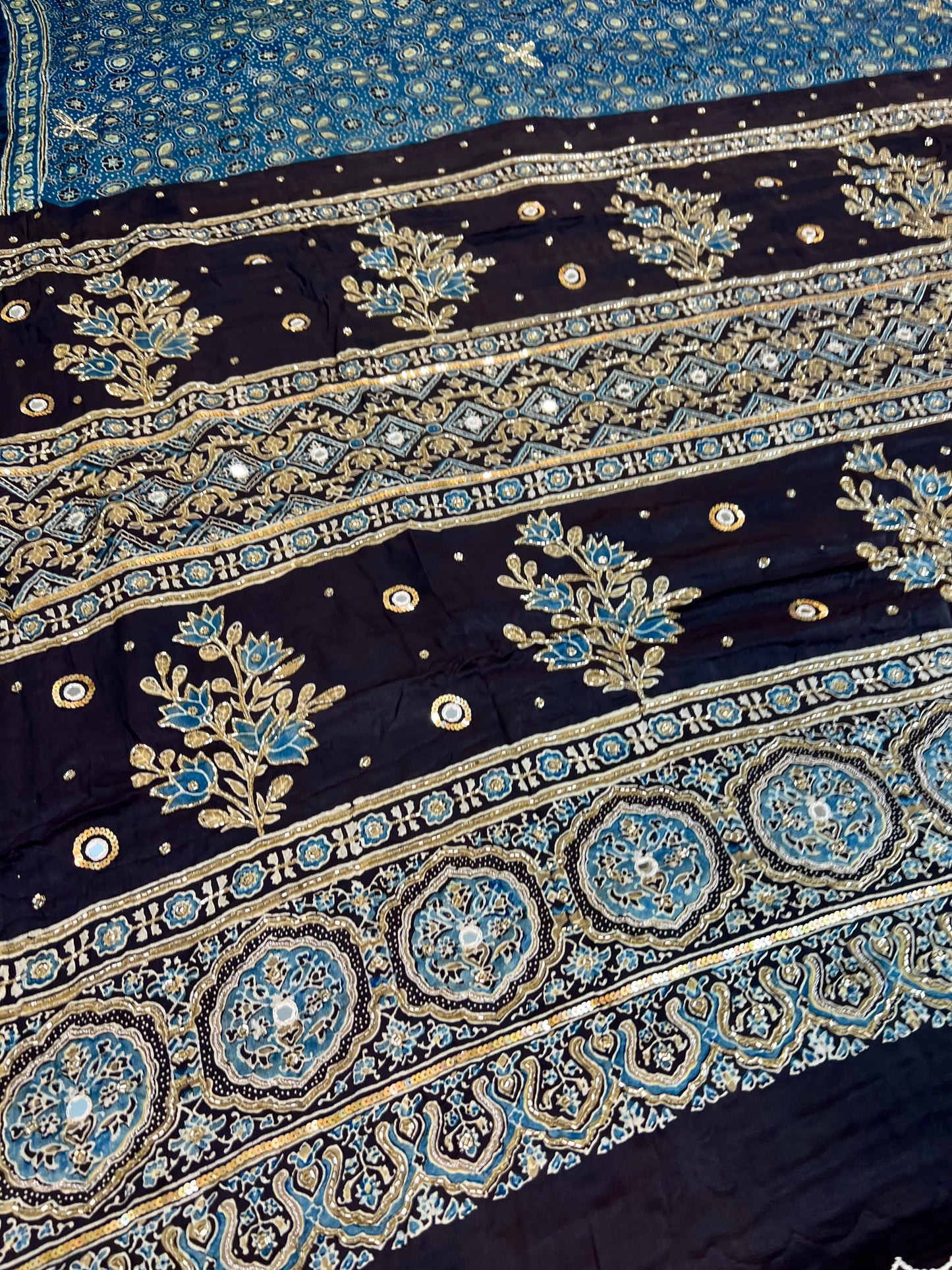 INDIGO FLORA - Pure Modal Ajrakh Hand Embroidered Saree