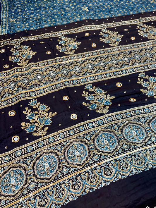 INDIGO FLORA - Pure Modal Ajrakh Hand Embroidered Saree