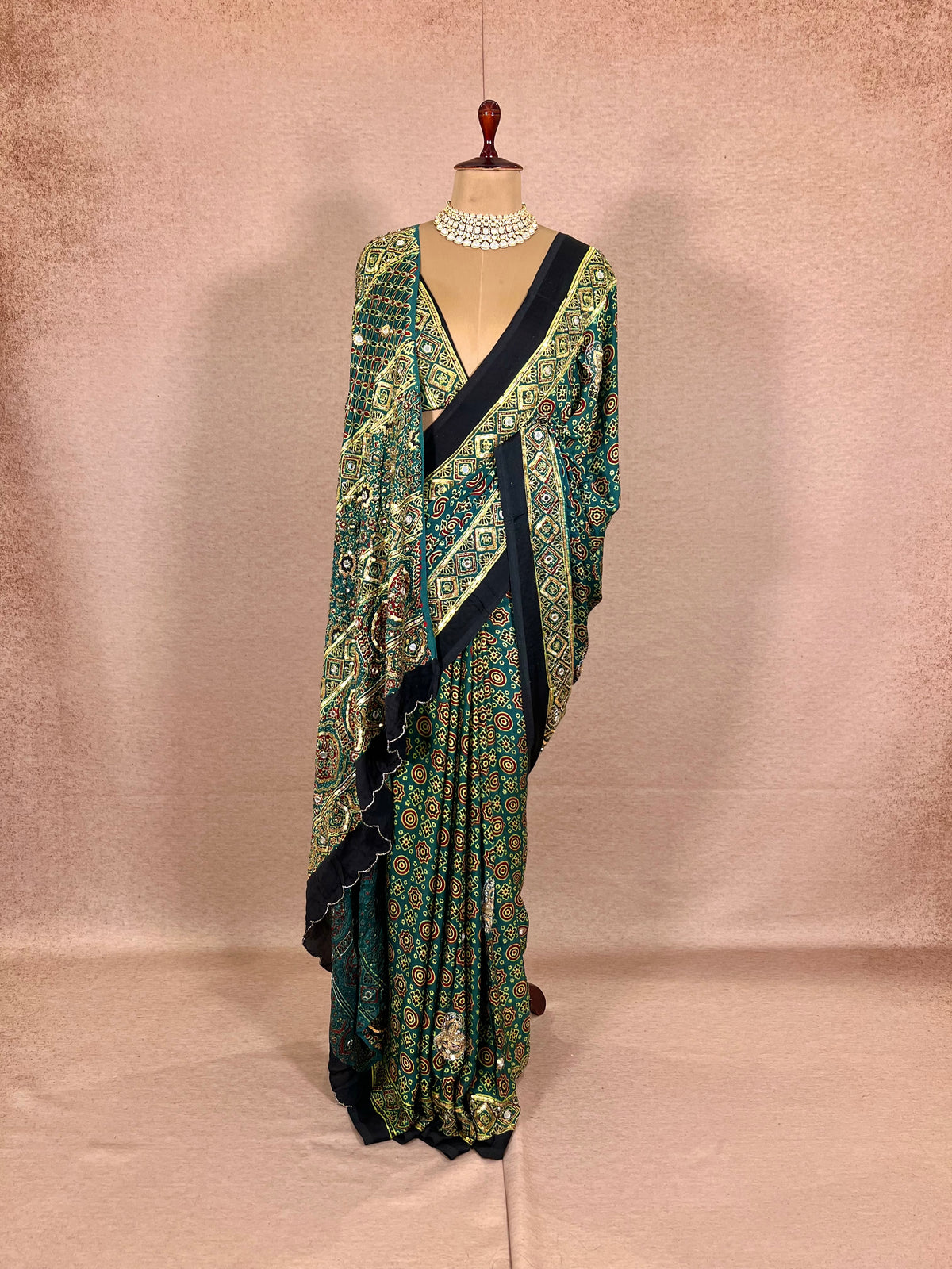 GLITTER ALLURE - Pure Modal Ajrakh Hand Embroidered Saree