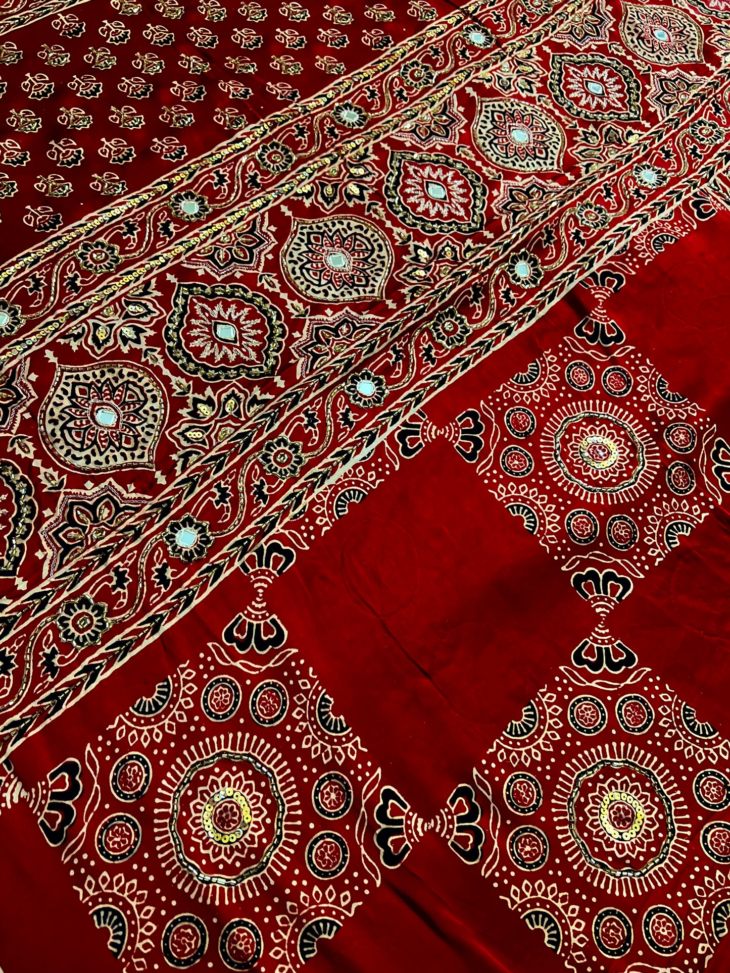 SCARLET DREAMS - Pure Modal Ajrakh Hand Embroidered Saree