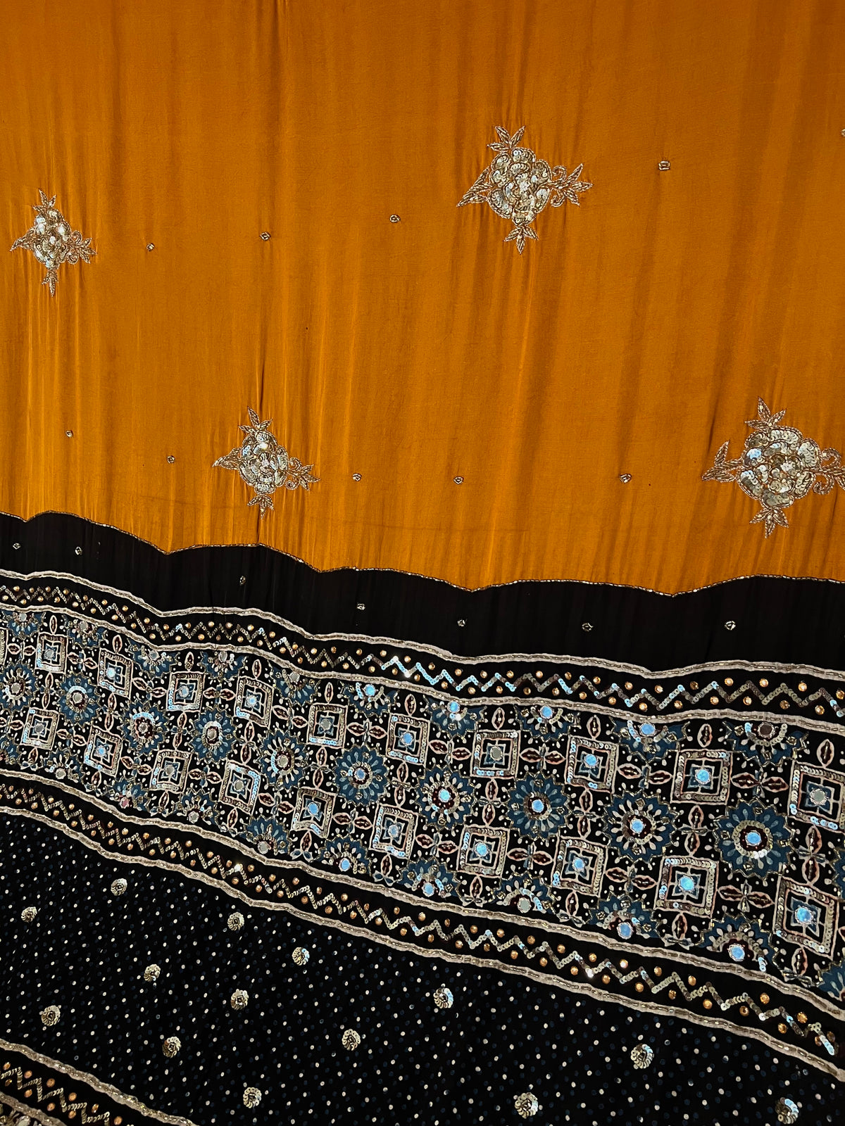 GOLDEN ROSE - Pure Modal Ajrakh Hand Embroidered Saree