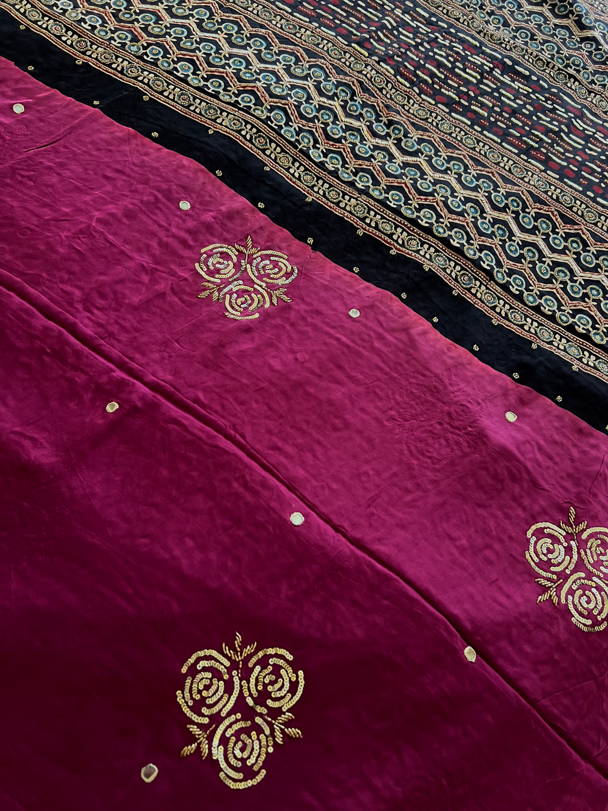 DUSTY PLUM ROSE - Pure Modal Ajrakh Hand Embroidered Saree