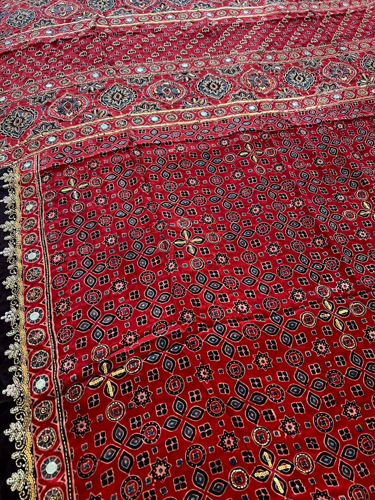 CRIMSON STARDUST - Pure Modal Ajrakh Hand Embroidered Saree